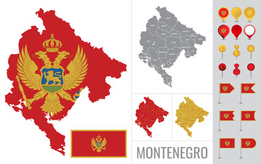 Montenegro vector map with flag, globe and icons on white background