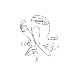 Abstract Line Illustration, Minimal Face Drawing In Lines. Fashion Sketch. Drawn Female Portrait, Minimalist Woman Art.