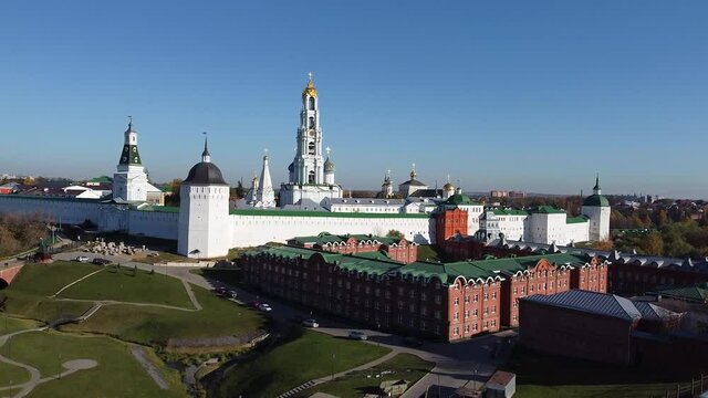 Sergiev Posad, Russia - 08 October 2021: Autumn view of the Holy Trinity Lavra of St. Sergius from a bird's eye view