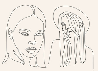 Abstract Line Illustration, Minimal Face Drawing In Lines. Fashion Sketch. Drawn Female Portrait, Minimalist Woman Art.