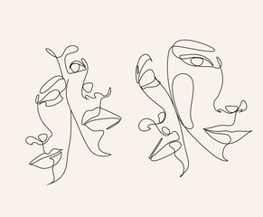 Abstract Line Illustration, Minimal Face Drawing In Lines. Fashion Sketch. Drawn Female Portrait, Minimalist Woman Art.