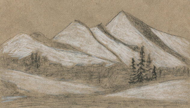 Mountain landscape on craft paper. Charcoal and white pencil drawing.