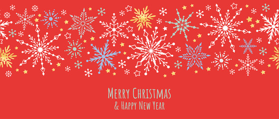 Christamas greeting card winter holiday design with snowflakes ornament garland hanging gold and silver Christmas ball