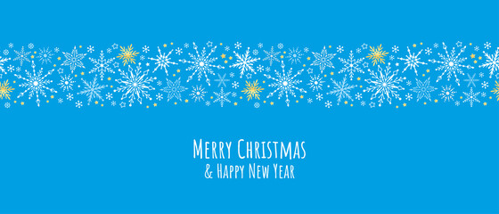 Christamas greeting card winter holiday design with snowflakes ornament garland hanging gold and silver Christmas ball