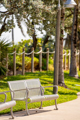 Empty park bench blurry background