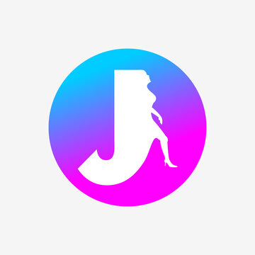 Letter J Logo, Letter Icon And Walking Woman In Blue Pink Dots. Creative Logo Icon