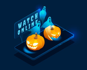 The online Halloween event is in a smartphone. Vector illustration of a smartphone, pumpkins, and ghosts are in an isometric style.