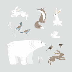 Set of wild winter animals. Cute polar bear, hare, rabbit. Fox, dove and birds with mushrooms, trees. Christmas nordic design for greeting cards. Vector cartoon illustrations. Isolated nature objects.