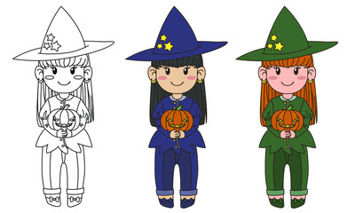 Cute little girl witch wearing traditional hat with pumpkin. Halloween character. Vector illustration for print, greeting and invitation card, posters, stickers. Coloring page with color options.
