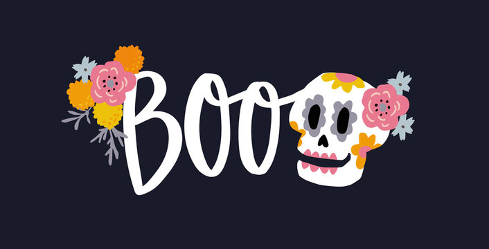 Dia de Los Muertos web banner. Mexican Day of the Dead, Halloween greeting card, invitation. Ornamental skull decor. Tagetes flowers. Hand lettered Boo text. Floral decor. Vector background.