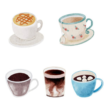 watercolor coffee and beverage elements collection on white background isolated