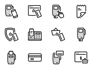 Set of black vector icons, isolated against white background. Flat illustration on a theme terminal, payment,