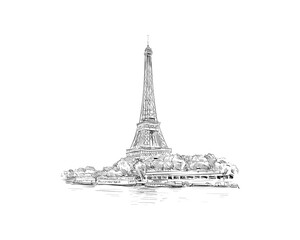 Fototapeta na wymiar Romantic landscape view of the Eiffel Tower and Sena River. Paris, France. Urban sketch. Hand drawn vector illustration