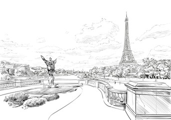 Romantic landscape view of the Eiffel Tower and Sena River. Paris, France. Urban sketch. Hand drawn vector illustration