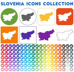 Slovenia icons collection. Bright colourful trendy map icons. Modern Slovenia badge with country map. Vector illustration.