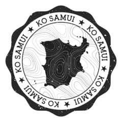 Ko Samui outdoor stamp. Round sticker with map of island with topographic isolines. Vector illustration. Can be used as insignia, logotype, label, sticker or badge of the Ko Samui. - obrazy, fototapety, plakaty