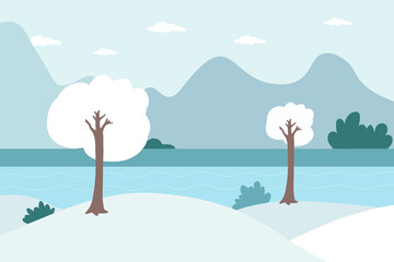 Winter landscape. Mountains and snow. Hello winter. Vector graphics