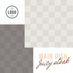 Square universal template for print, web and social networks. Photo collage for two photos with logo and handwritten lettering. Theme restaurants. Trend vector illustration.