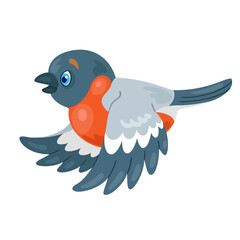 Cute little bullfinch is flying. In cartoon style. Isolated on white background. Vector flat illustration. 