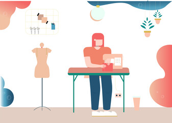 Bright illustration of a seamstress at work