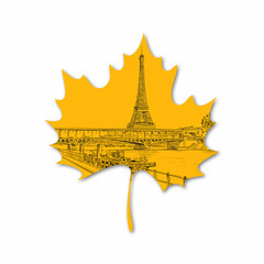 Autumn leaf on which is depicted Eiffel Tower. Paris, France. Hand drawn vector illustration