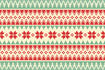 Merry Christmas vintage ethnic seamless pattern decorated with green trees and red flowers. design for background, wallpaper, fabric, carpet, web banner, wrapping paper. embroidery style. vector.