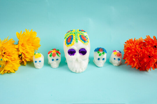 Sweet mexican sugar skulls and marigold flowers. Day of the dead concept