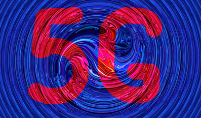 Fototapeta na wymiar 5G red color large symbol on abstract bright blue background. Wireless technology concept.