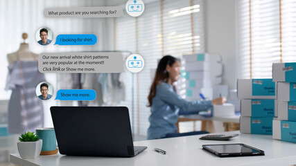 Chatbot conversation on laptop screen app interface with artificial intelligence technology...