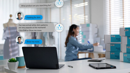 Chatbot conversation on laptop screen app interface with artificial intelligence technology providing virtual robotic assistant customer support and information for small business SME B2C concept.