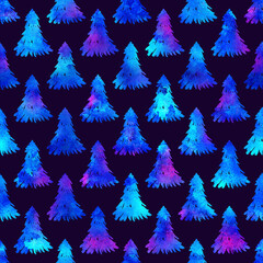Obraz premium XMAS watercolour Fir Tree Seamless Pattern in White Color on Dark Blue background. Hand-Painted Spruce Pine tree wallpaper for Ornament, Wrapping or Christmas Decoration