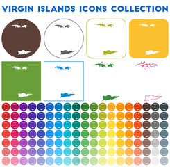 Virgin Islands icons collection. Bright colorful trendy map icons. Modern Virgin Islands badge with island map. Vector illustration.
