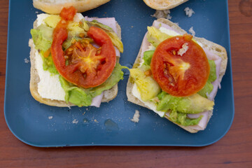 sandwich with natural ingredients to take care of the diet on dark blue plate
