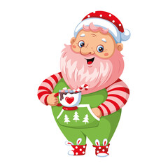 Santa Claus in home costume drinking sweet drink. Cartoon vector illustration