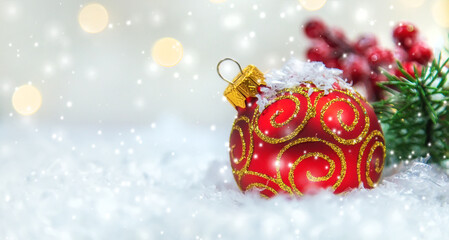 Christmas cards with snow and decor. Selective focus.