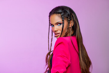 Fashion Portrait Black Woman in Pink stylish jacket. Neon Pink Makeup. Fashion model African...