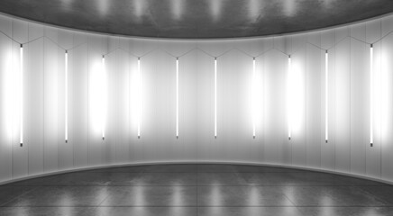 Obraz premium Gray minimalistic abstract 3d background. Light from lamps on the walls of the circular stage. 3d illustration.
