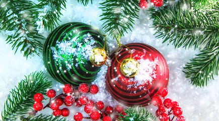 Christmas cards with snow and decor. Selective focus.