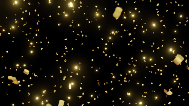 A golden confetti on black background. 3D illustration rendering.