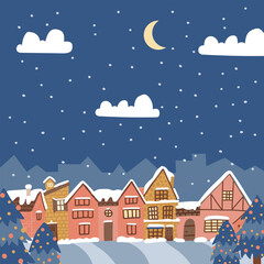 Obraz na płótnie Canvas Merry christmas and a happy new year countryside background. Winter landscape in the city. Old cozy snow-covered town at ebvening. Flat design vector illustration.