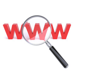 Magnifier over WWW letters on white background 3d rendering