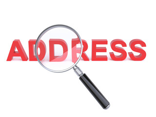 Magnifier over Address letters on white background 3d rendering