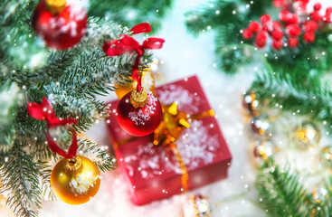 Christmas cards with snow and decor. Selective focus.