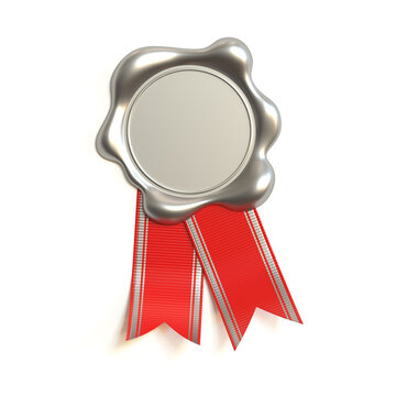 Silver Wax seal with red ribbon on white background 3d rendering
