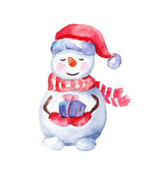 Watercolor merry christmas set of character snowmans illustration. Winter holidays cartoon isolated cute funny snowman design card. Snow holiday season xmas