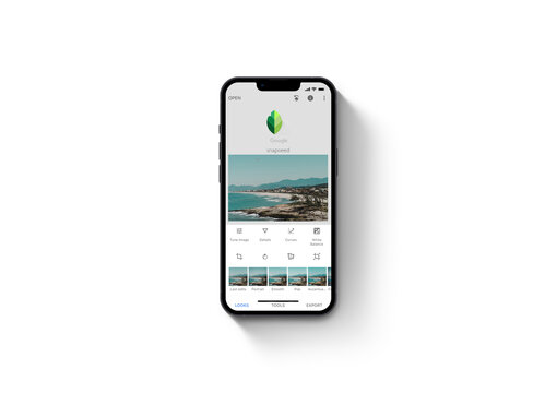 Google Snapseed Mobile app on iPhone 13 Pro smartphone screen on white background. Image manipulation app. Rio de Janeiro, RJ, Brazil. October 2021.