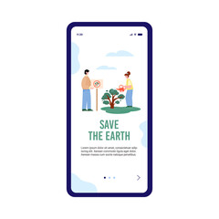 Save the Earth onboarding page with volunteers plant trees, vector illustration.