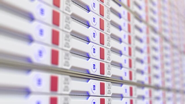 Futuristic hi-tech white server storage rack, looping 3D animation