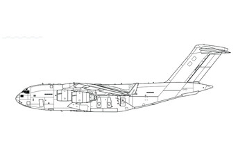 Boeing C-17 Globemaster III. Vector drawing of heavy transport aircraft. Side view. Image for illustration and infographics. - obrazy, fototapety, plakaty