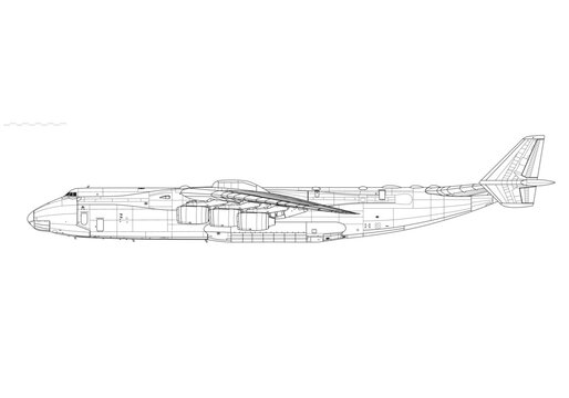 Antonov An-225 Mriya. Vector drawing of heavy transport aircraft. Side view. Image for illustration and infographics.